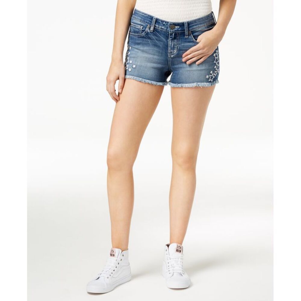 Blue Desire Juniors Star Embroidered Raw Edge Denim Shorts